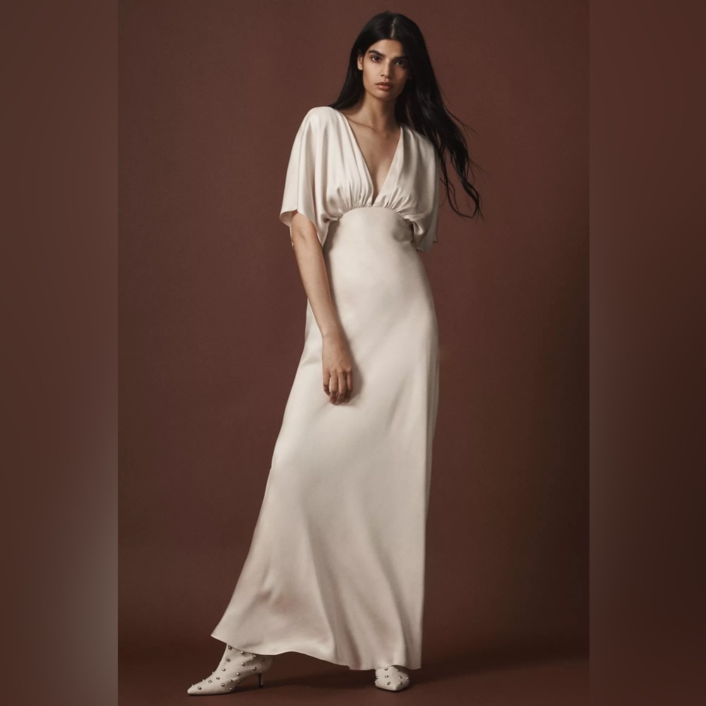 BHLDN Leila Deep-V Flutter-Sleeve Satin A-Line Gown Color: Oyster